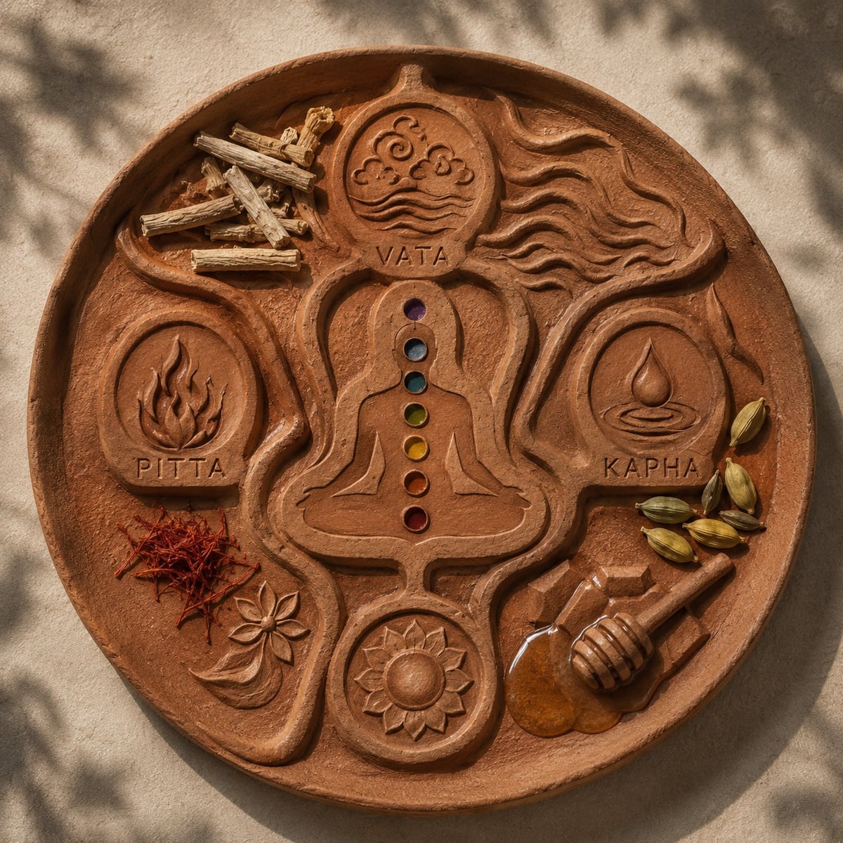 Three wabi-sabi ceramic bowls representing Vata, Pitta, and Kapha